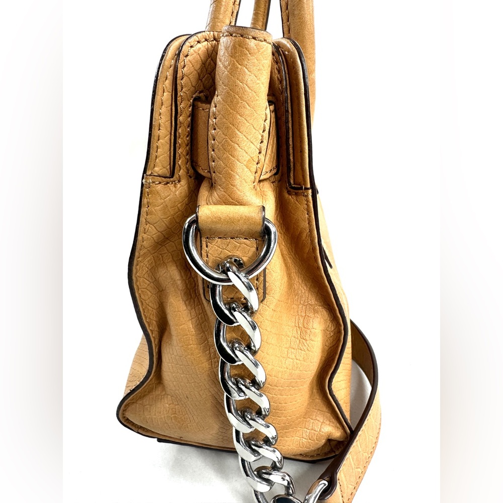 Michael Kors Tan Snakeskin Embossed Leather Shoulder Bag Brass Lock Chain Strap - Picture 8 of 11